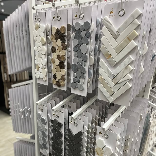 Display of various tile patterns on a rack